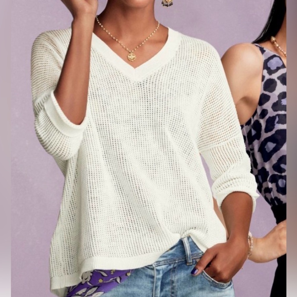 Cabi #5454 Breeze Pullover White Cotton Linen Blend Open-Knit V-Neck Size Small